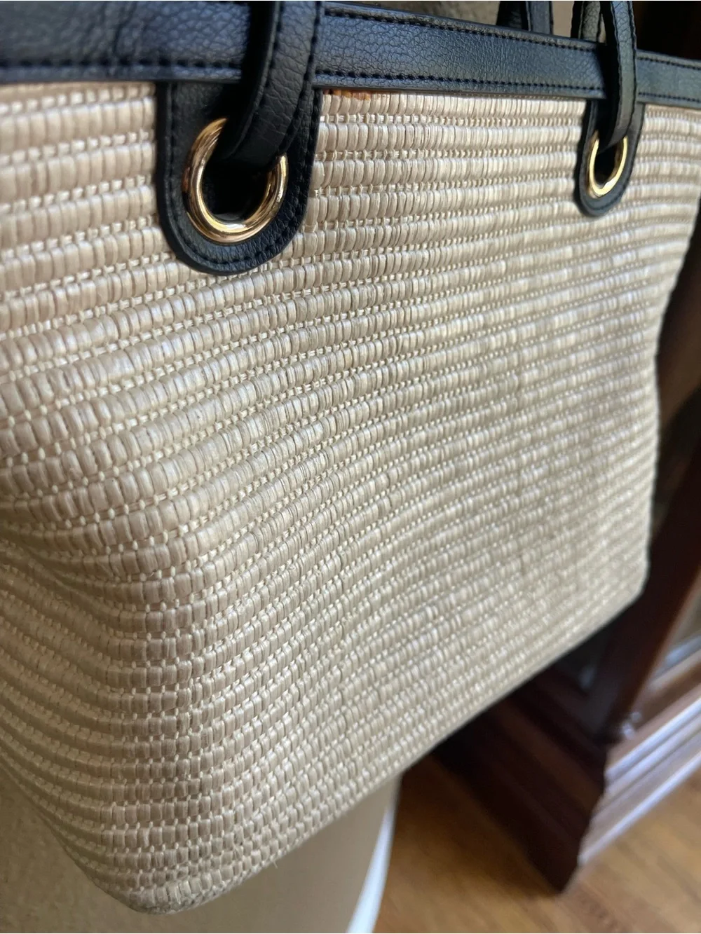 Spartina 449 Ebony Bamboo Chic Straw Tote Black Leather Bamboo Accent